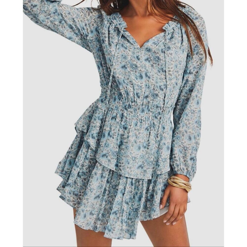 LoveShackFancy Popover Dress Medium Blue Floral Tiered Ruffle Boho Coquette